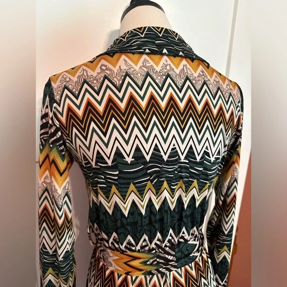 Kathi Rich Emerald zig zag pattern collar S faux wrap belt long sleeve jumpsuit - Picture 11 of 15